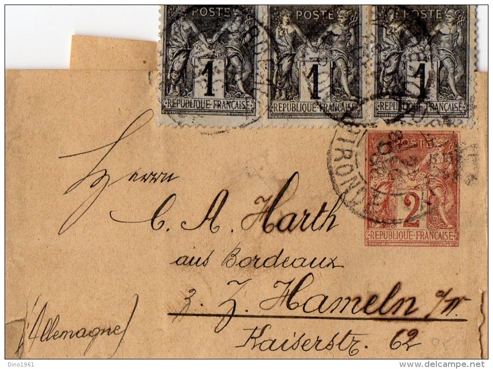 TB 276 - Entier Postal Type Sage Sur Bande De Journal +  N°83  OB BORDEAUX Pour HAMELN  ( Allemagne ) - Newspaper Bands