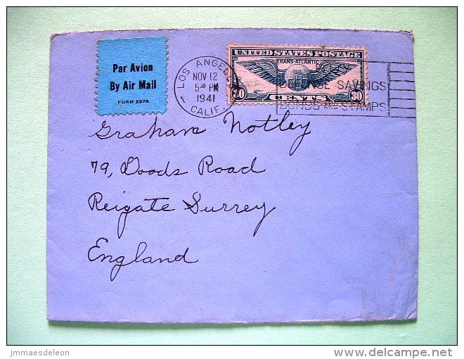 USA 1941 Cover Los Angeles To England - Air Mail Wings (Scott # C24) - Other & Unclassified