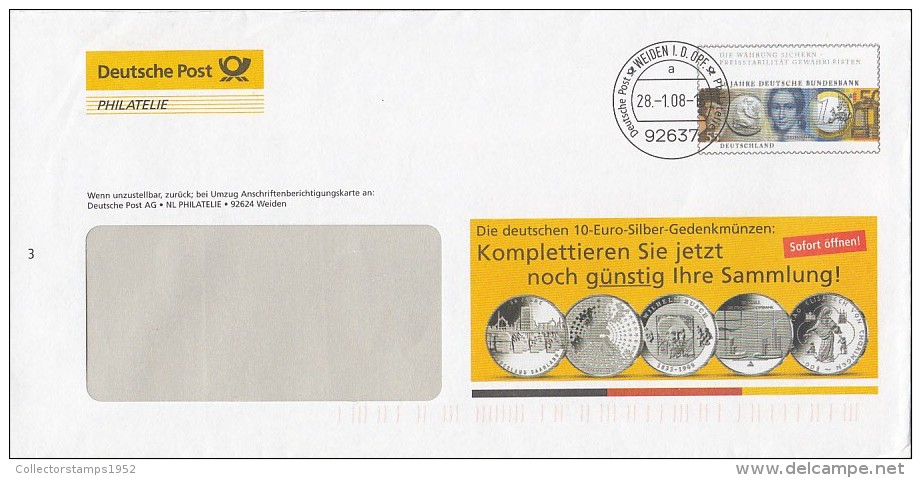 128FM- GERMAN FEDERAL BANK ANNIVERSARY, COVER STATIONERY, ENTIER POSTAUX, 2008, GERMANY - Umschläge - Gebraucht