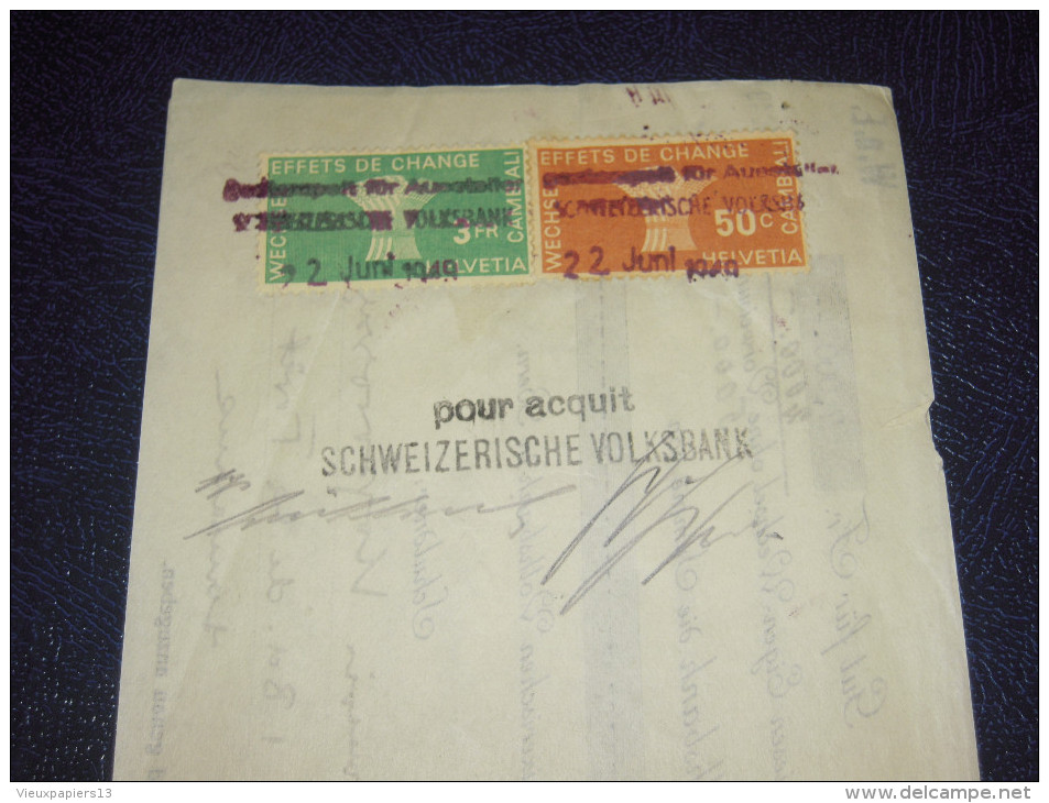 Suisse 1949 Banque Schweizerische VOLKSBANK  2 Ftimbres Ficaux Effets De Change Sur Mandat Lettre De Change - Fiscaux