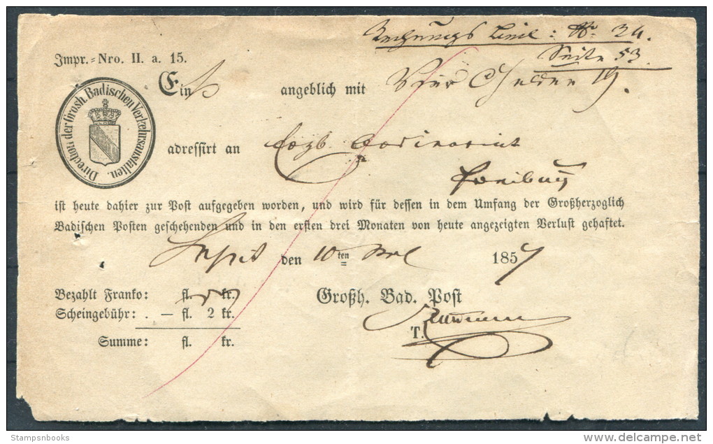 1857 Baden Registered Cover Receipt ,Deutschland,Allemagne - Cartas & Documentos