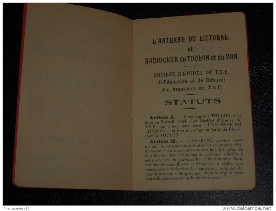 Radio TSF Rare Carte De Membre De 1932 Association Des S.Filistes De Toulon Et Du Var/Café De L'Amirauté Toulon - Sonstige & Ohne Zuordnung