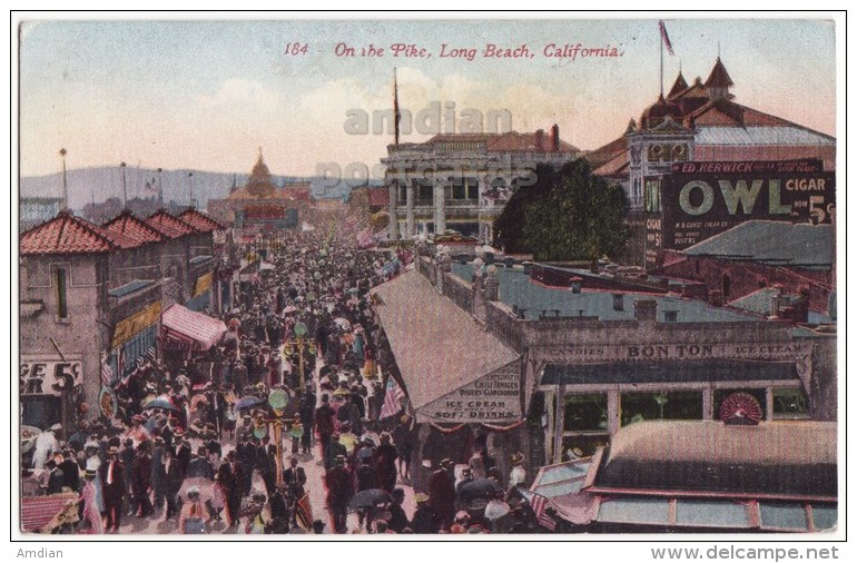 LONG BEACH CA, STREET SCENE ON THE PIKE -PEOPLE- OWL CIGAR ADVERTISING SIGN -ca1910s-1920s Vintage Florida Postcard - Long Beach