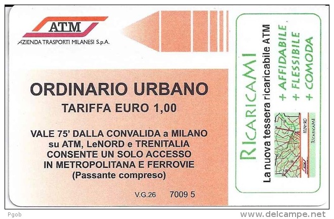 BIGLIETTO ATM MILANO 75 MINUTI, BUS, METRO, FERROVIA, TICKET - NUOVO PERFETTO - Europe