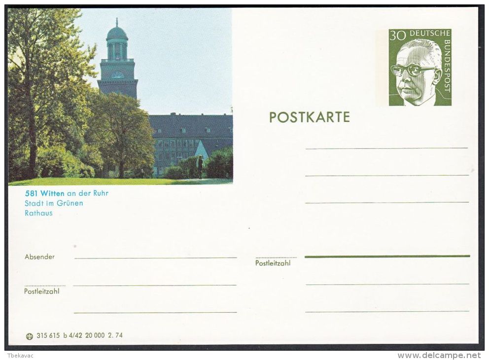 Germany 1974, Illustrated Postal Stationery "Witten An Der Ruhr", Ref.bbzg - Illustrated Postcards - Mint