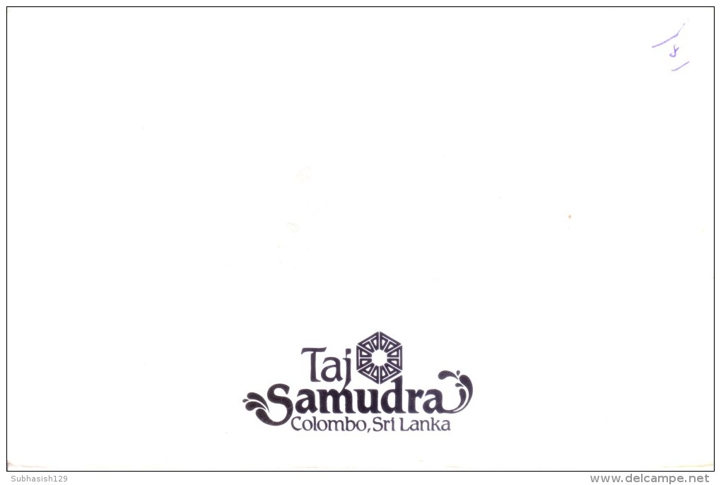 OLD GREETINGS CARD - PRINTED IN SRI LANKA - SEASON'S GREETINGS FROM TAJ SAMUDRA HOTEL, COLOMBO, IMPRINT SIGNATURES - Tourismus