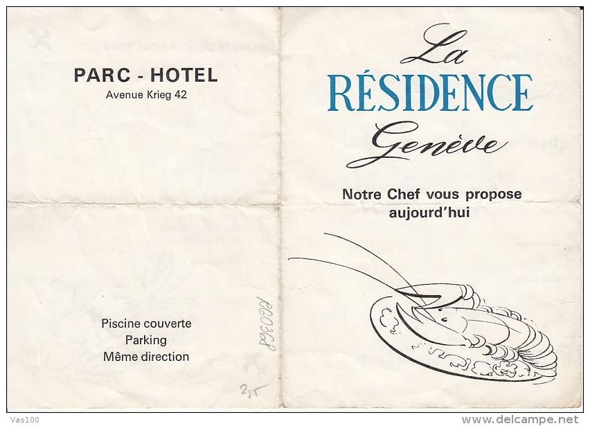 LA RESIDENCE- GENEVE, RESTAURANT RECEIPT, 1974, SWITZERLAND - Suisse