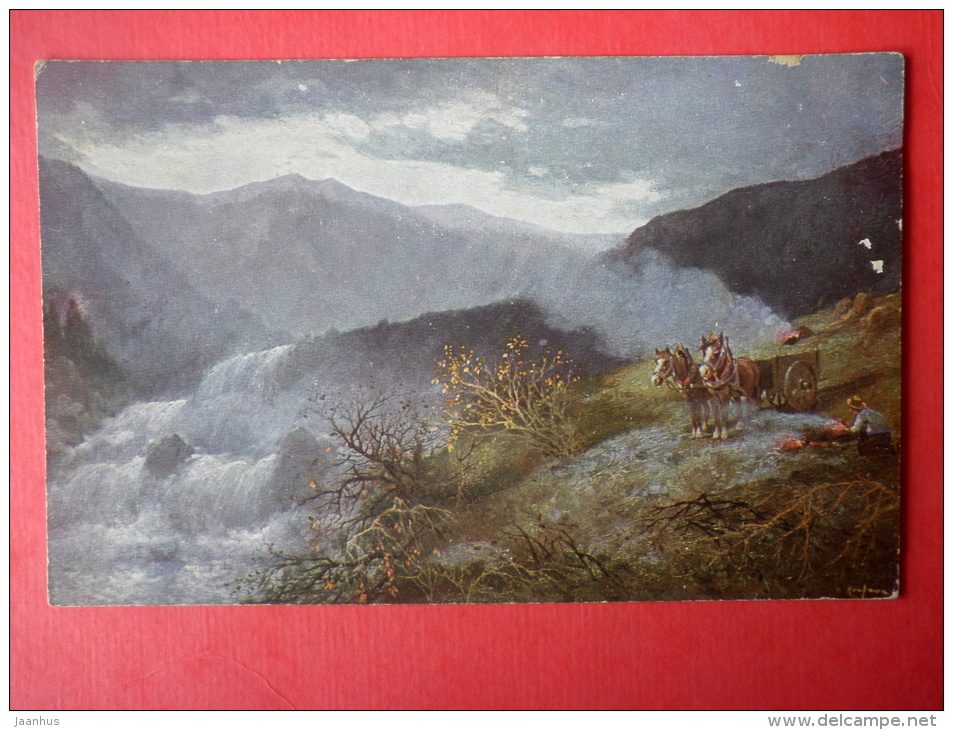 Illustration By Paul Kaufmann - Horse Carriage - Bonfire - Waterfall T. S. N. - Serie 1769 - Circulated In Estonia - Kauffmann, Paul