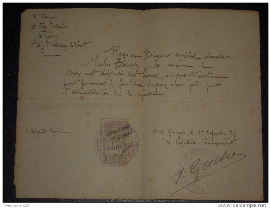 Fiscal Quittances 10c Sur Document De 1915 - Xe Armée - Oblitéré Par Cachet Equipage De Ponts - 10e Génie - Signé - Reçu - Covers & Documents