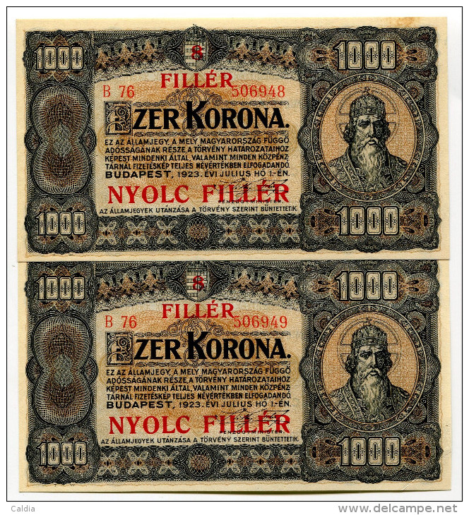 Hongrie Hungary Ungarn 1000 Korona / 8 Filler 1923 AUNC - Consecutives - RARE - Hongrie