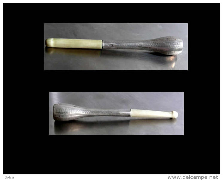 -Ancienne Pipe Fume-cigarette Argent Art Déco Hongrois  Old Art Deco Silver And Bone Pipe  Cigarette-holder From Hungary - Zigarettenhalter U. -spitzen