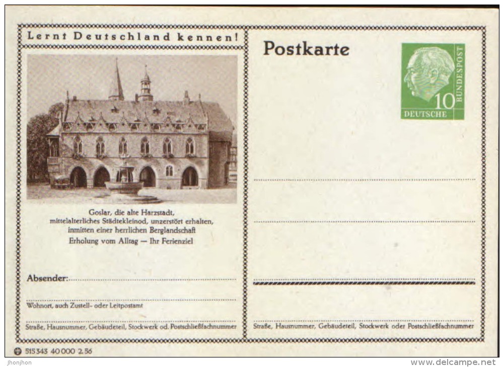 Germany/ Federal Republic- Stationery Postacard Unused - P24 Heuss Type I - Goslar - Postcards - Mint