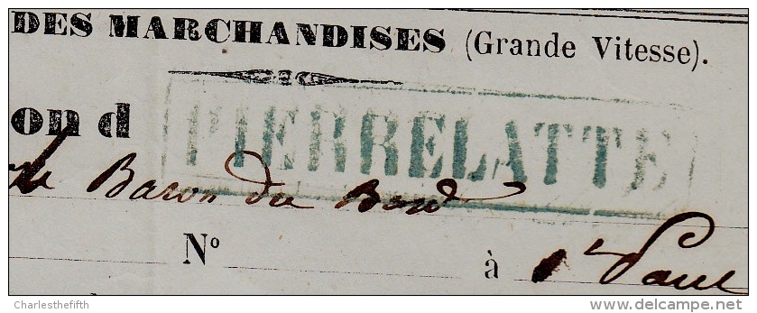 1859 MARQUE LINEAIRE CADREE * PIERLATTE * Sur Lettre De Transport CHEMINS DE FER DE PARIS A LYON ET MEDITERRANEE - - Oblitérés