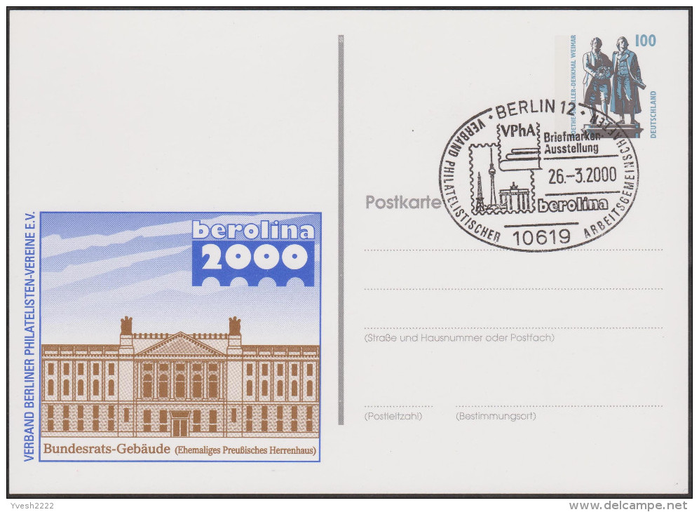 Allemagne 2000. Privatganzsache, Entier Postal Timbré Sur Commande. Berolina, Bundesrat - Postales Privados - Usados