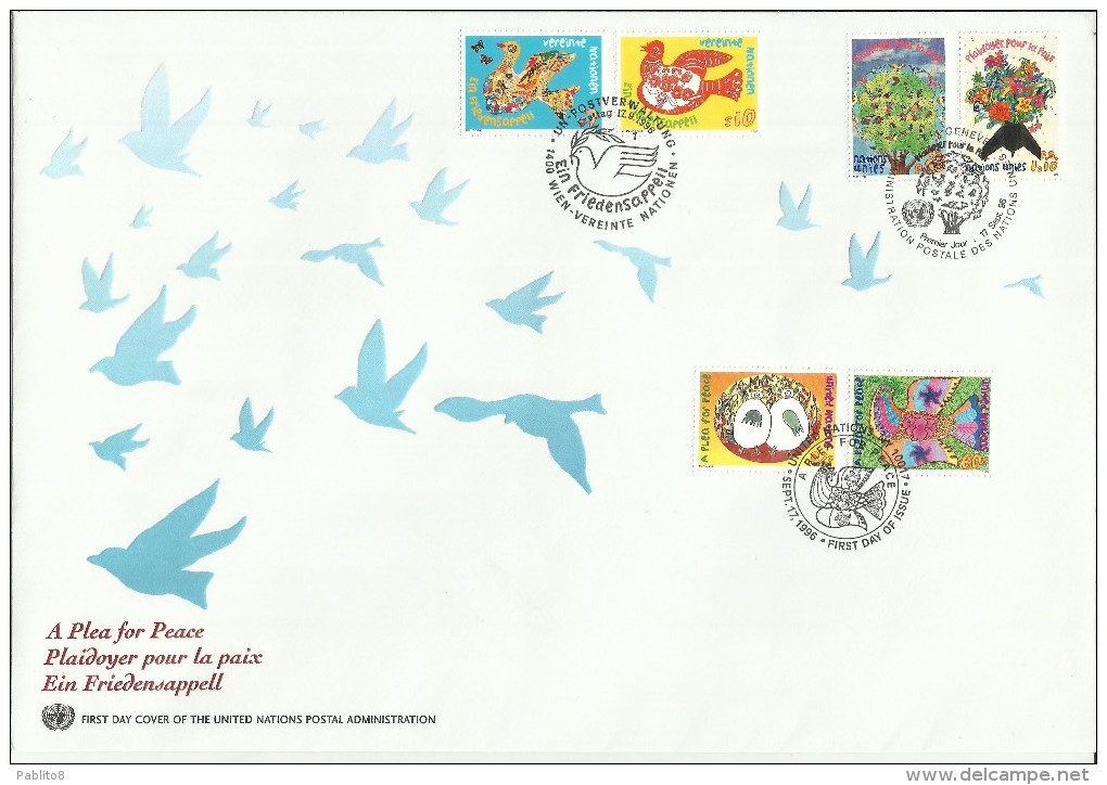 UNITED NATIONS ONU UN 1996 NEW YORK VIENNA WIEN GENEVE GENEVA PEACE PAIX PAZ PACE SET COMBO FDC - Gemeinschaftsausgaben New York/Genf/Wien