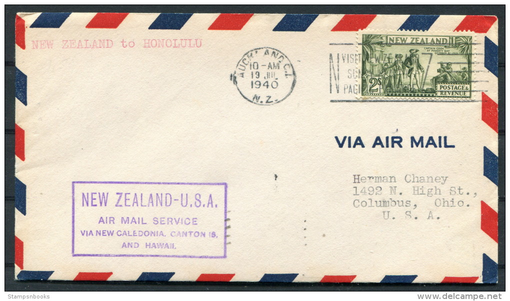 1940 New Zealand - USA Auckland Honolulu First Flight Cover Via New Caledonia Canton Is - Luftpost