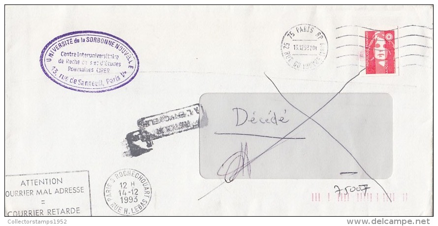 291FM- MARIANNE STAMPS, SORBONNE UNIVERSITY ROUND STAMP ON COVER, 1993, FRANCE - Autres & Non Classés