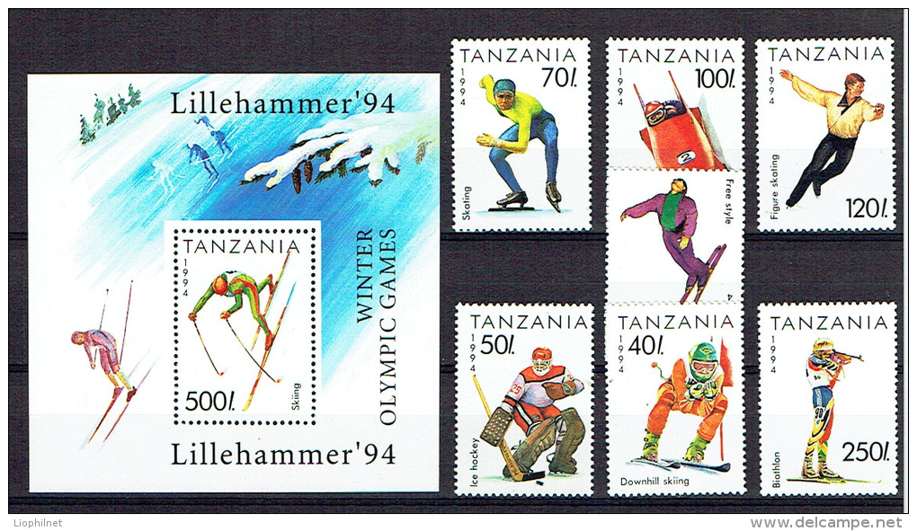 TANZANIE 1994, PATINAGE SKI HOCKEY BIATHLON BOBSLEIGH, 7 Valeurs Et 1 Bloc, Neufs / Mint. R1535 - Hiver 1994: Lillehammer