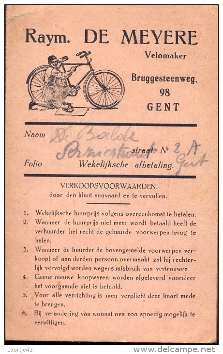 Pub.  Reclame - Aankoopkaart Fietsen - Velomaker Raym. De Meyere - Gent 1949 - Transport