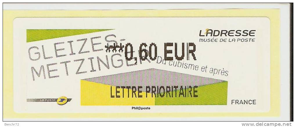 VIGNETTE LISA - L´ADRESSE - DU CUBISME ET APRES - MENTION 0,60 EUR LETTRE PRIORITAIRE - NEUF - 2010-... Illustrated Franking Labels