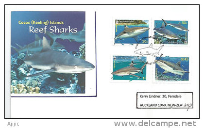 ILES COCOS KEELING (Océan Indien) Reef Sharks. Belle Lettre FDC Adressée En Nouvelle-Zélande. WWF. Année 2005. Yv-401/04 - Storia Postale