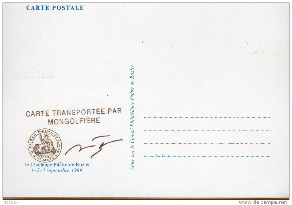 FRANCE 7ème CHALLENGE PILÂTRE DE ROZIER. COURRIER MONTGOLFIERE ATTESTE PAR HUISSIER OBL. ILLUSTREE 1ER SEPT.1989. VOIR - Other & Unclassified