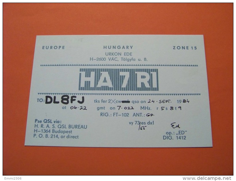 Hungary  QSL   Karte   HA7RI   Radio    24.9.1984   ( 14 ) - Radio