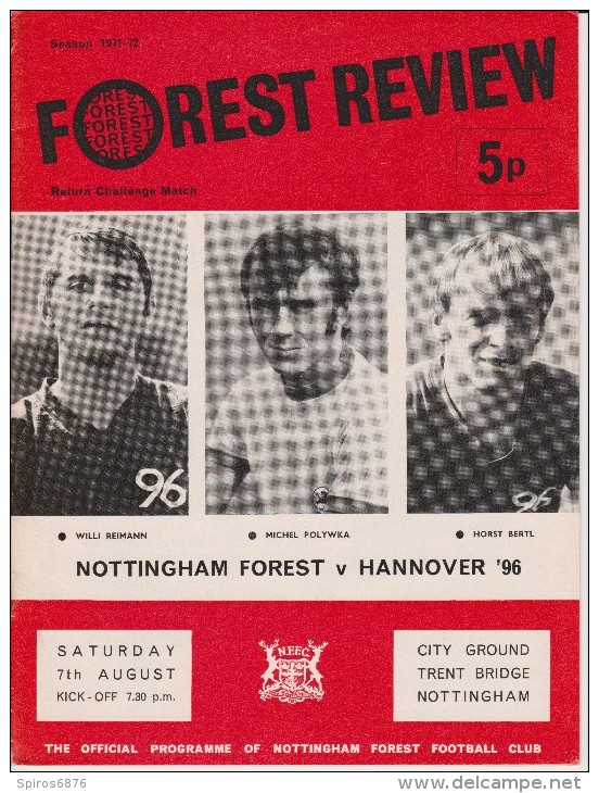 Official Football Programme NOTTINGHAM FOREST - HANNOVER 96 Return Challenge Match 1971 - Apparel, Souvenirs & Other