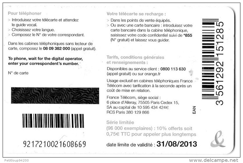 TELECARTE FRANCE TELECOM  7,5e  +10% Offerts  31/08/2013 - 2013