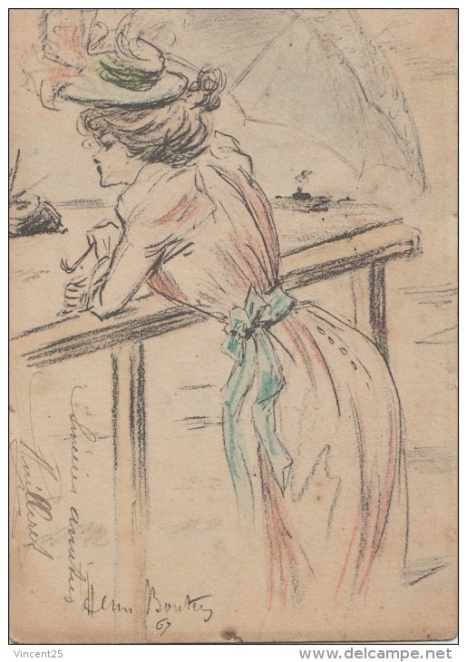 FEMME ELEGANTE  CONTEMPLANT LA MER MARINE OMBRELLE CHAPEAU ILLUSTRATEUR HENRI BOUTEZ ENVOYER DE BREST EN 1904 - Boutet