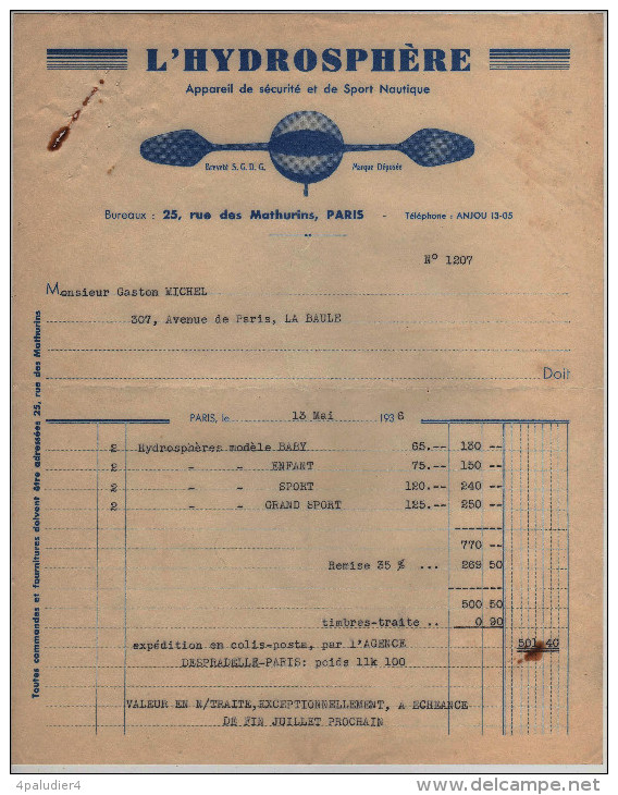 Facture Sport Nautique L'HYDROSPHERE PARIS 1936 Natation Bains De Mer Tourisme - Deportes & Turismo