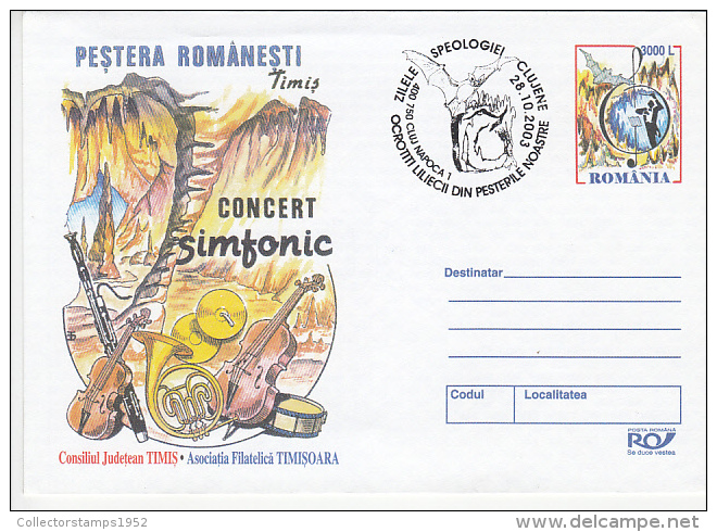 3360- BATS, MUSIC CONCERT IN CAVE, COVER STATIONERY, 2003, ROMANIA - Fledermäuse