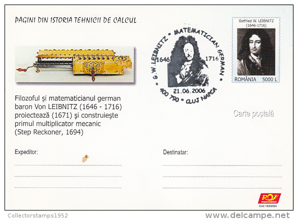 3369- GOTFRIED VON LEIBNITZ, COMPUTERS PIONEER, POSTCARD STATIONERY, 2006, ROMANIA - Computers