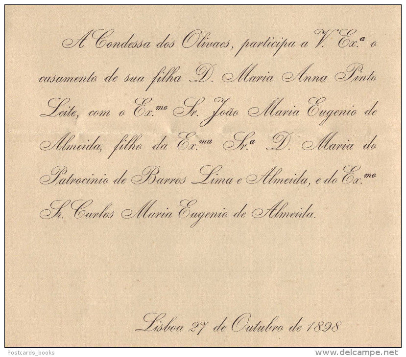 1898 Convite Casamento Filha CONDES Dos OLIVAES (Pinto Leite) / CONDE DE ARGE (Eugenio De Almeida) Embaixador Inglaterra - Verloving