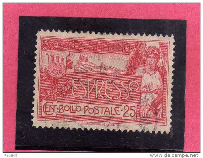 SAN MARINO 1907 ESPRESSI ALLEGORIA E VEDUTA ALLEGORY & VIEW SPECIAL DELIVERY ESPRESSO LIRE 25 TIMBRATO USED - Timbres Express