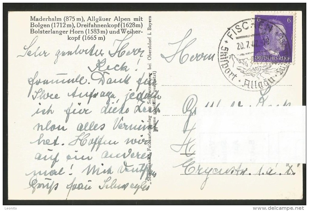 MADERHALM Berghotel Bei Fischen Schwaben Allgäuer Alpen Stempel Hitler-Briefmarke 1942 - Fischen