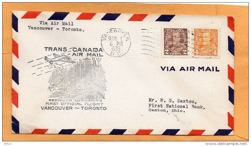 Vancouver Toronto 1939 Air Mail Cover - Eerste Vluchten