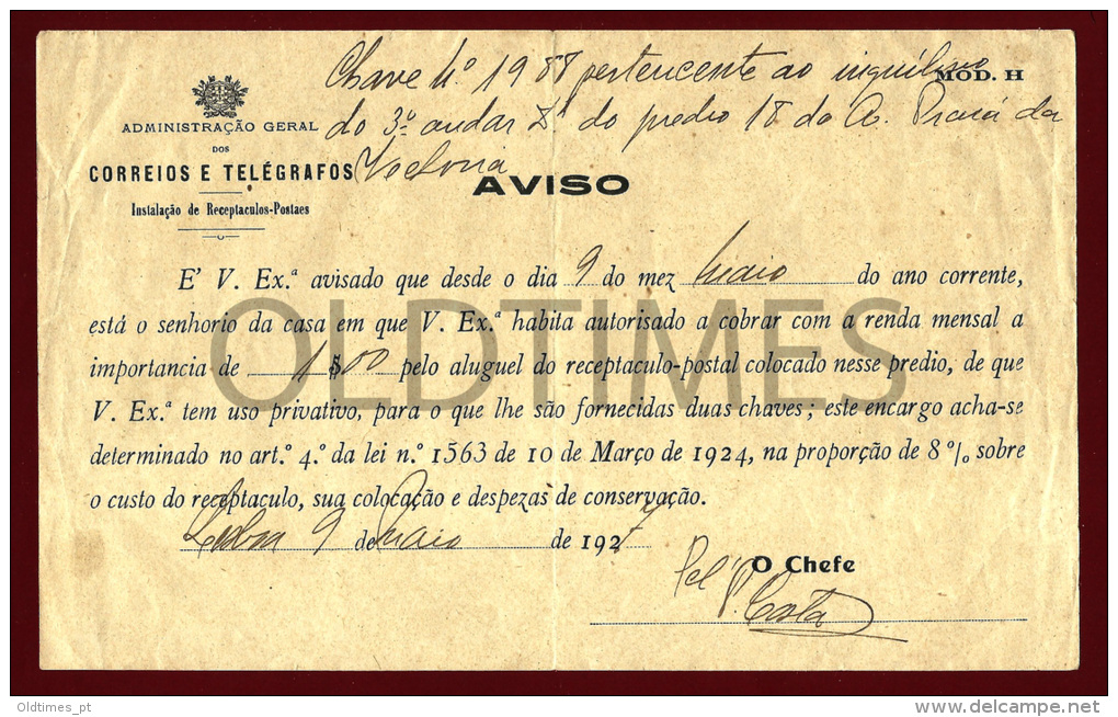 PORTUGAL - ADMINISTRAÇAO GERAL DOS CORREIOS E TELEGRAFOS - AVISO - 1927 OLD LETTER - Portugal