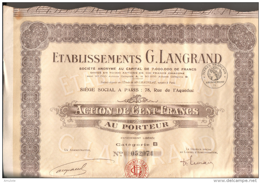 Actions-100 Francs - Etablissements G. LANGRAND - - J - L