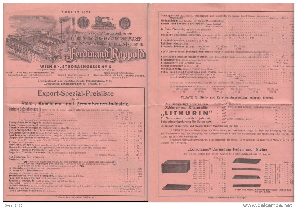 Schmirglscheiben Industrie Ferdinad Rappold, Wien, Export Preisliste, 1924 - Austria