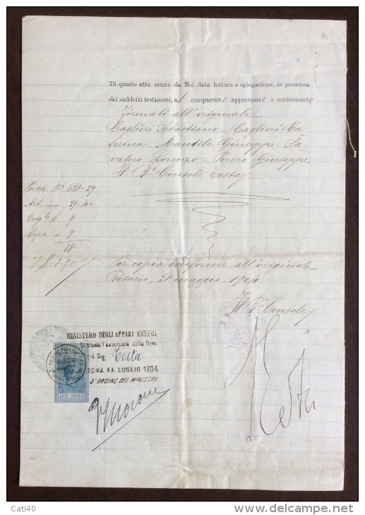 1904 CONSOLATO GENERALE D´ITALIA ROSARIO : DOCUMENTO. BOLLO E FIRMA DEL CONSOLE + MARCA DA BOLLO AFFARI ESTERI - Fiscaux