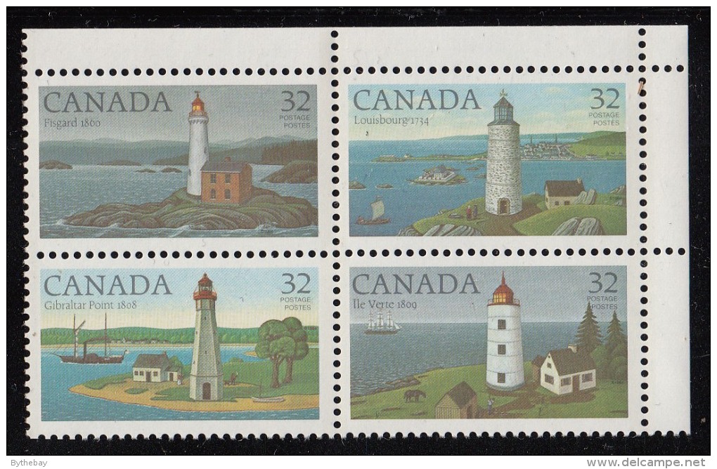 Canada MNH Scott #1035a Block Of 4 With #1035i Scratch In Sky To Left Of Lighthouse (Gibraltar)- Canadian Lighthouses I - Abarten Und Kuriositäten