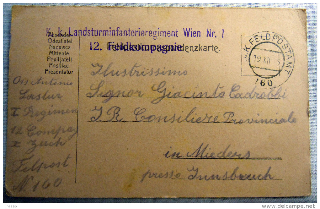 Franchigia Feldpost Feldpostkorrespondenzkart E Feldpostkarte KUK  160 19-XII-1915    WWI - Austrian Occupation