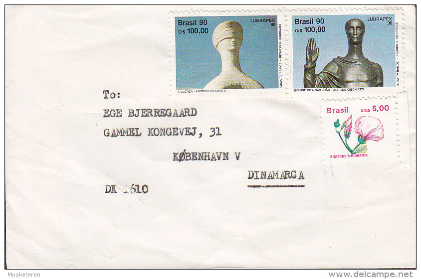 Brazil 1990? Uncancelled Cover Letra To Dinamarca Denmark LUBRAPEX 90 100.00 Cr Pair & Hibiscus Stamps - Lettres & Documents