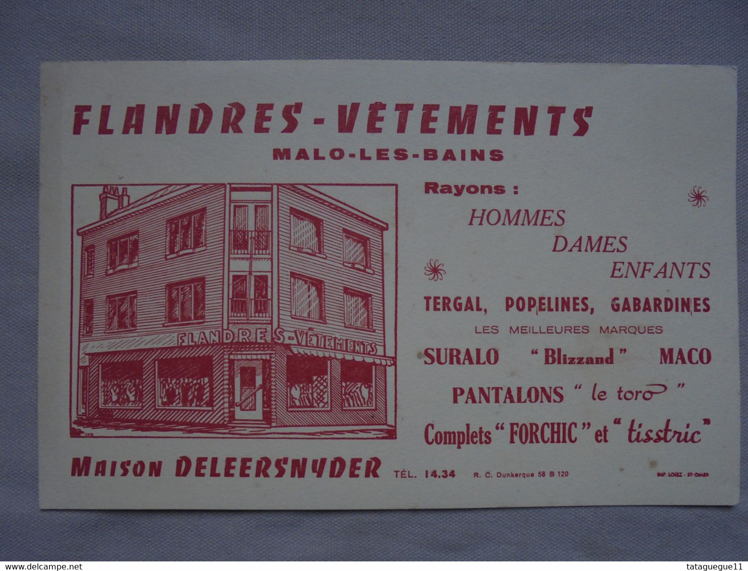 Ancien - Buvard Publicitaire "FLANDRES-VÊTEMENTS Malo-Les-Bains Maison DELEERSNYDER Tel : 14-34 - Kleidung & Textil