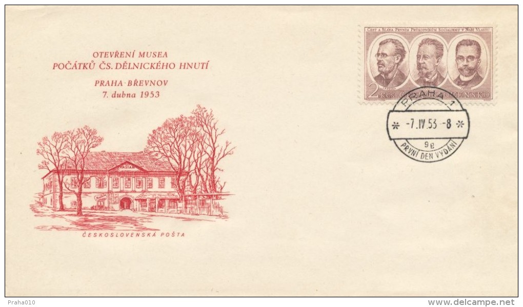 Czechoslovakia / First Day Cover (1953/09) Praha 1 (9g): Museum Cz. Labor Movement; Inn "In Chestnut" - Hotels, Restaurants & Cafés