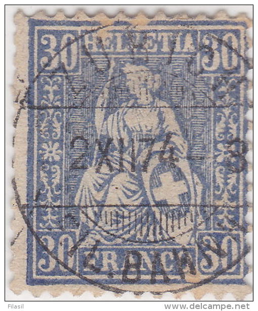 SI53D Svizzera Suisse Helvetia 30 C.  Franco Azzurro  Usato Con Annullo ZURIGO 1862 - Gebraucht