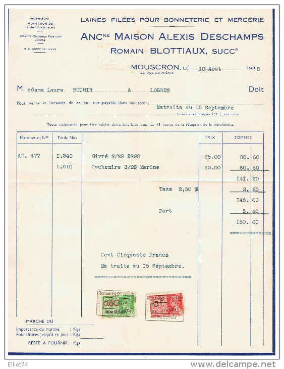 MOUSCRON - TOURCOING - LOBBES - Facture  ROMAIN BLOTTIAUX  (Laine / Bonneterie / Mercerie) + Carte Récépissé De Paiement - Vestiario & Tessile