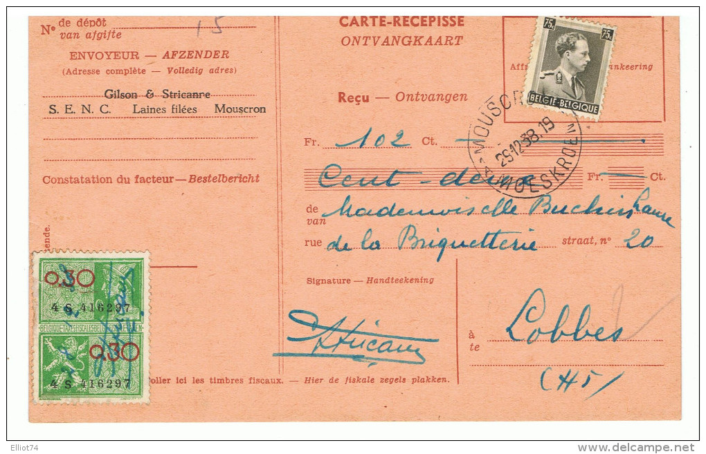 MOUSCRON -  LOBBES - Facture  GILSON MAX  (Laine / Bonneterie) + Carte Récépissé De Paiement De 1938 - Textile & Clothing