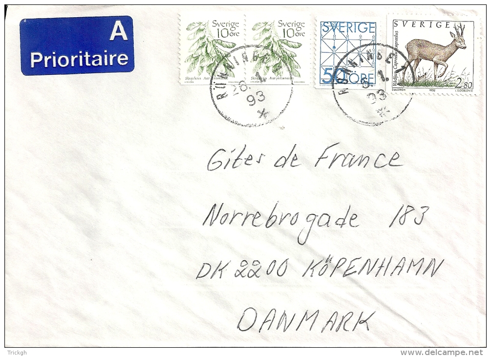 Sverige Rönninge &gt;&gt; Danmark Kobenhavn 1993 / Chevreuil Hert Deer Hirsch - Storia Postale